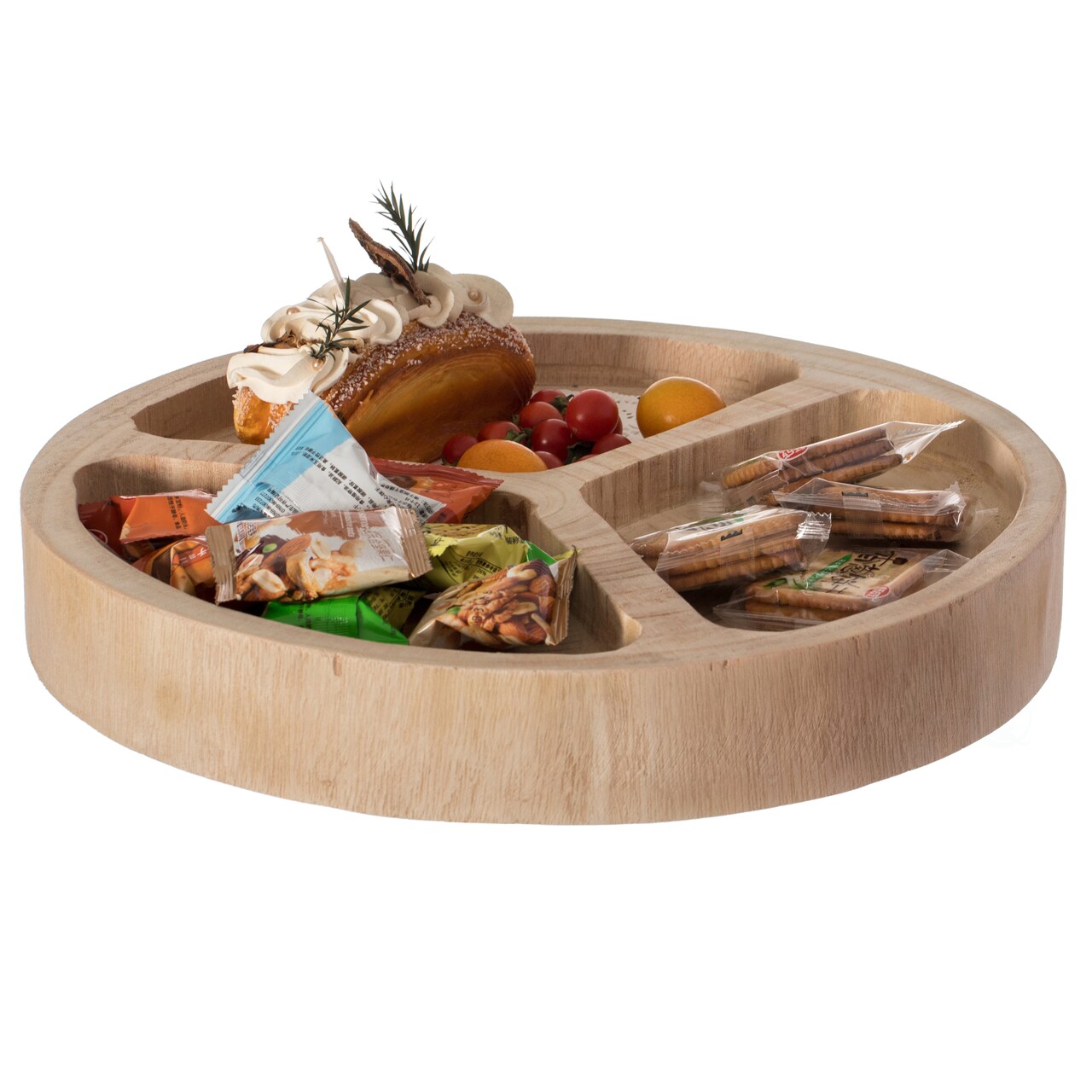3 Sectional Round Snack Tray Natural Wood 15.75" Rustic Kitchen Dining Decor